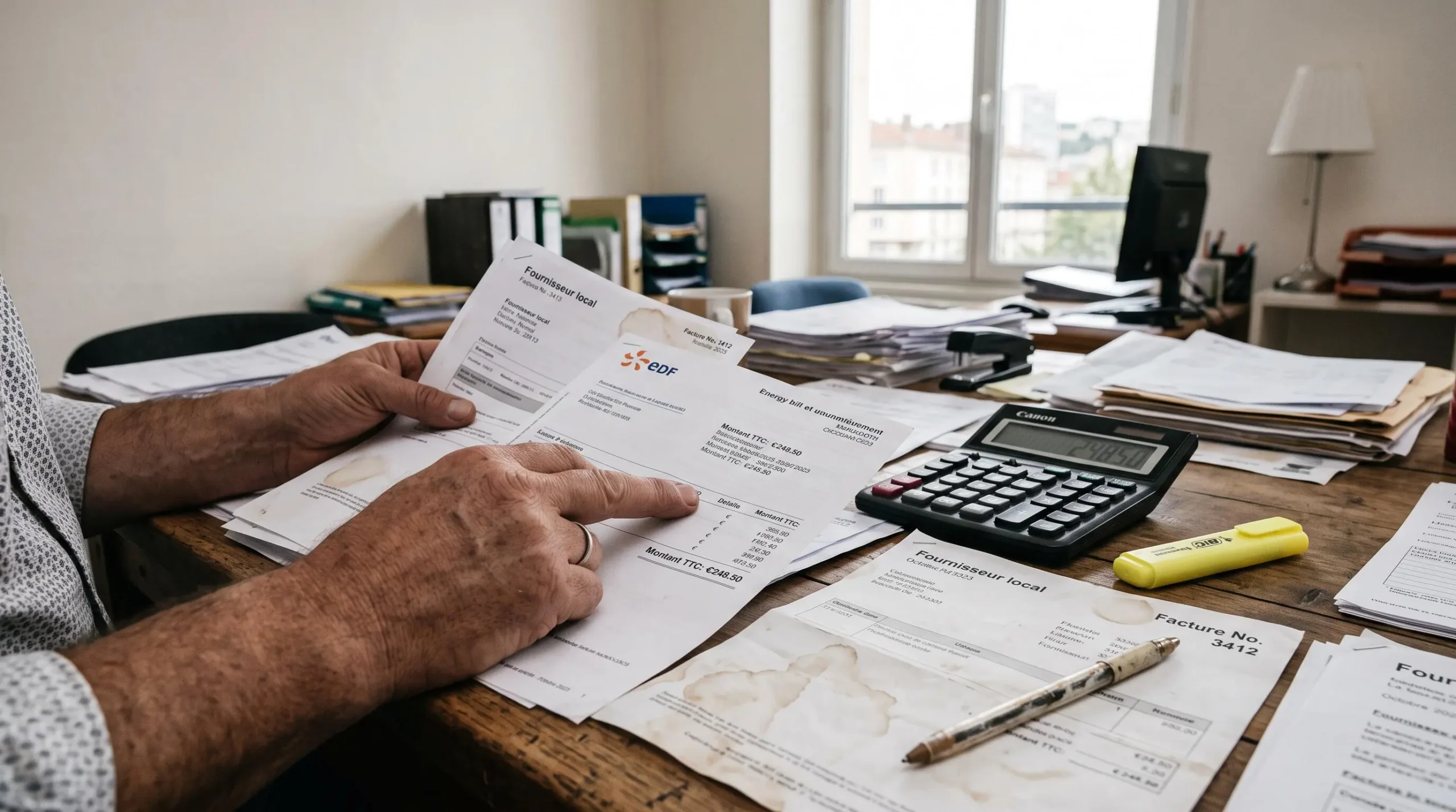 Des mains analysent des factures d'énergie avec une calculatrice sur un bureau.